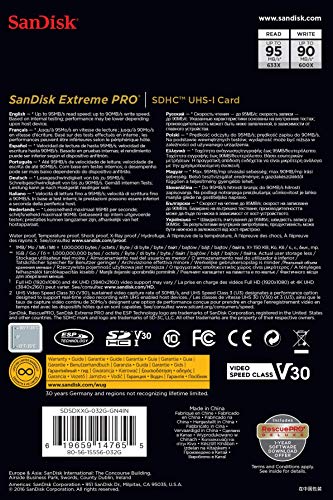 SanDisk Extreme PRO - Tarjeta de Memoria SDHC de 32 GB, hasta 95 MB/s, UHS-I, Class 10, U3, V30