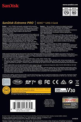 SanDisk Extreme PRO - Tarjeta de memoria SDXC de 128 GB, hasta 170 MB/s, UHS-I, Class 10, U3, V30