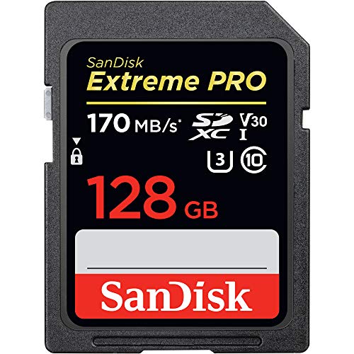 SanDisk Extreme PRO - Tarjeta de memoria SDXC de 128 GB, hasta 170 MB/s, UHS-I, Class 10, U3, V30