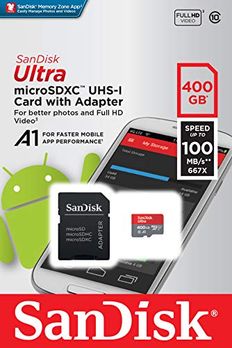 SanDisk Ultra Tarjeta de memoria microSDXC con adaptador SD, hasta 100 MB/s, rendimiento de apps A1, Clase 10, U1, 400 GB