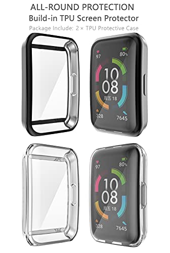 sciuU Protective Case Compatible with Huawei Band 6 Fitness Tracker/Honor Band 6, [2 Pack] All-Around Flexible TPU Case with Screen Protector, Soft Frame Shock Resistant Cover - Negro+Claro