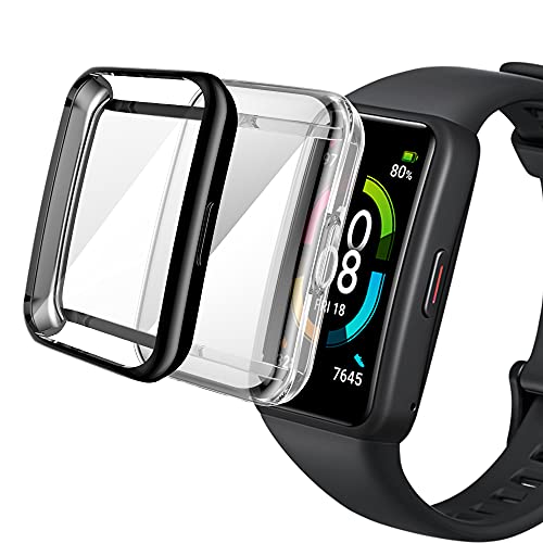 sciuU Protective Case Compatible with Huawei Band 6 Fitness Tracker/Honor Band 6, [2 Pack] All-Around Flexible TPU Case with Screen Protector, Soft Frame Shock Resistant Cover - Negro+Claro