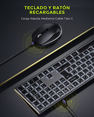 Seenda Combo Teclado y Ratón Inalámbricos Retroiluminado, Pack Teclado y Ratón Inalámbricos Recargable,2.4GHz con Receptor USB, QWERTY Espaol, Completo Botones, Ultra Delgado, para PC/Laptops/Windows