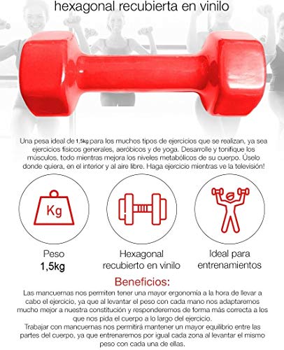 SEKIRA 2X Mancuernas Pesas de 1,5kg Agarre Vinilo Suave Ejercicio Gimnasia musculacion (Rojo)