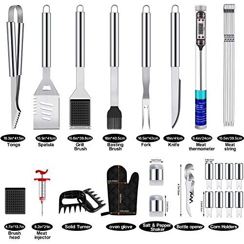 Set de 30 Utensilios para la Barbacoa, Set de Accesorios para la Barbacoa de Acero Inoxidable con Bolsa de Transporte, Utensilios completos para la Barbacoa de Exterior/Interior