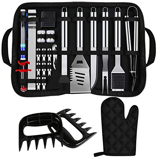 Set de 30 Utensilios para la Barbacoa, Set de Accesorios para la Barbacoa de Acero Inoxidable con Bolsa de Transporte, Utensilios completos para la Barbacoa de Exterior/Interior