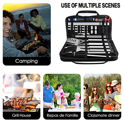 Set de 30 Utensilios para la Barbacoa, Set de Accesorios para la Barbacoa de Acero Inoxidable con Bolsa de Transporte, Utensilios completos para la Barbacoa de Exterior/Interior