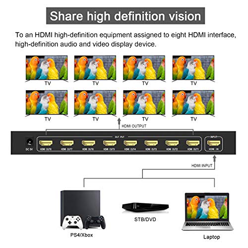SGEYR 1x8 Puerto HDMI 2.0 Splitter 1 en 8 Out 4K 8 Way HDMI Splitter Amplificador 1 a 8 Soporte HDR 4K a 60Hz 3D 1080P Full HD para Xbox PS3 PS4 Pro Reproductor de DVD/DVR