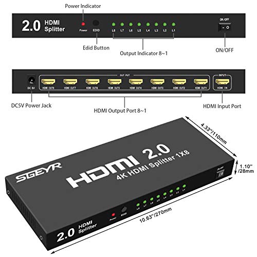 SGEYR 1x8 Puerto HDMI 2.0 Splitter 1 en 8 Out 4K 8 Way HDMI Splitter Amplificador 1 a 8 Soporte HDR 4K a 60Hz 3D 1080P Full HD para Xbox PS3 PS4 Pro Reproductor de DVD/DVR