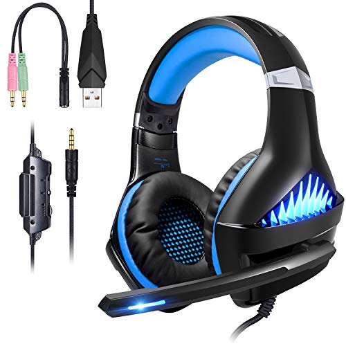 ShinePick Cascos Gaming PS4,Auriculares PS4 con Micrófono Luz LED Auriculares con Cable Reducción de Ruido Estéreo Auricular para PS4/Xbox One (Azul)