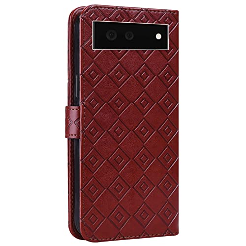 ShinyCase para Google Pixel 6 Case,Flip Bumper Patrón Celosía en Relieve PU Piel Funda Ranura Tarjetas y Billetera Plegable Magnético Cartera Estuches para Google Pixel 6,Marrón