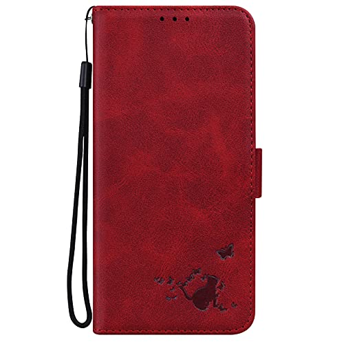 ShinyCase para Google Pixel 6a 5G Carcasa Flip Case Patrón Gato en Relieve PU Piel Funda Ranura Tarjetas y Billetera Plegable Magnético Cartera Estuches para Google Pixel 6a 5G,Rojo