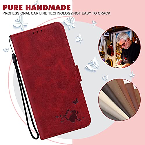 ShinyCase para Google Pixel 6a 5G Carcasa Flip Case Patrón Gato en Relieve PU Piel Funda Ranura Tarjetas y Billetera Plegable Magnético Cartera Estuches para Google Pixel 6a 5G,Rojo