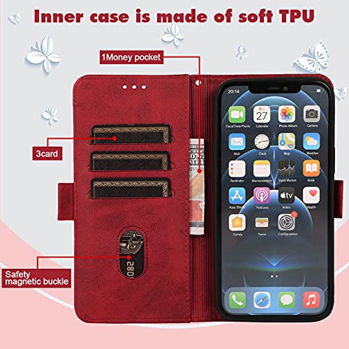 ShinyCase para Google Pixel 6a 5G Carcasa Flip Case Patrón Gato en Relieve PU Piel Funda Ranura Tarjetas y Billetera Plegable Magnético Cartera Estuches para Google Pixel 6a 5G,Rojo