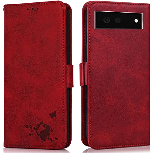 ShinyCase para Google Pixel 6a 5G Carcasa Flip Case Patrón Gato en Relieve PU Piel Funda Ranura Tarjetas y Billetera Plegable Magnético Cartera Estuches para Google Pixel 6a 5G,Rojo