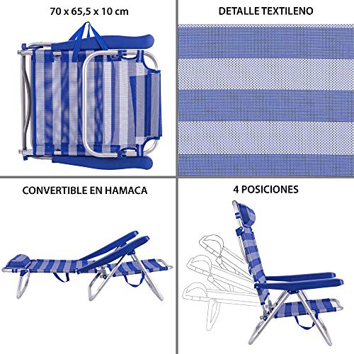 Silla Playa con cojín de 4 Posiciones de Aluminio y textileno de 61x47x80 cm (Azul y Blanco)