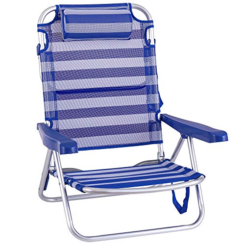 Silla Playa con cojín de 4 Posiciones de Aluminio y textileno de 61x47x80 cm (Azul y Blanco)