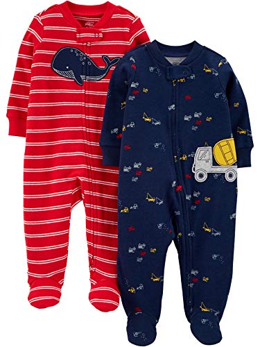 Simple Joys by Carter's 2-Pack Cotton Footed Sleep and Play Pijamas para bebés y niños pequeños, Rojo/Azul Marino, Ballena, 0-3 Meses, Pack de 2