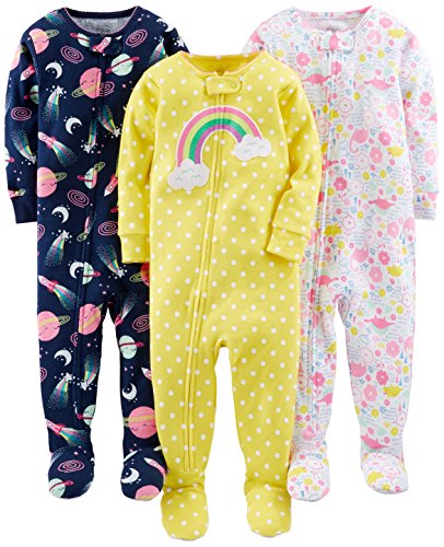 Simple Joys by Carter's pijama de algodón para bebés y niñas pequeñas, 3 unidades ,Dinosaur, Space, Rainbow ,12 Meses