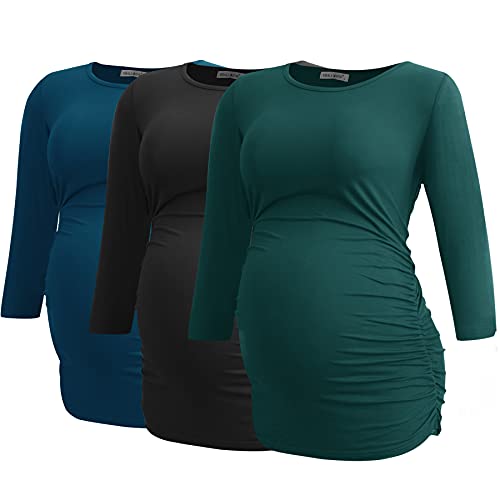 Smallshow Tops Maternidad para Mujeres con 3/4 de la Manga Fruncidos Ropa Embarazada Pack de 3,Black-Deep Green-Teal,M