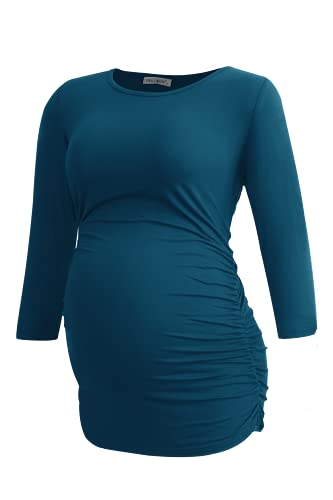 Smallshow Tops Maternidad para Mujeres con 3/4 de la Manga Fruncidos Ropa Embarazada Pack de 3,Black-Deep Green-Teal,M