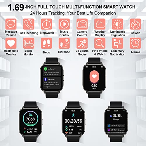 Smartwatch, 1.69" Reloj Inteligente Hombre Mujer con Pulsómetro, Monitor de Sueño, Pulsera Actividad Inteligente Impermeable IP68, Podómetro, 24 Modos Deporte Reloj Deportivo Hombre para iOS Android