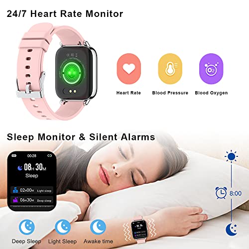 Smartwatch, 1.69" Reloj Inteligente Mujer con Pulsómetro Monitor de Sueño, Pulsera Actividad Inteligente Impermeable IP68 Podómetro Calorías 24 Modos Deporte Reloj Deportivo Muje para iOS Android Rosa