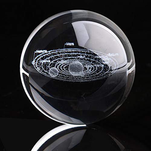 Solar System Galactic System Crystal Ball Dia 6 cm with a Switch Holding Base, 3D Laser Engraved Sun System Galactic System Cosmic Model Crystal Balls with Names of Celestial Bodies 1 Pcs(Gold base)