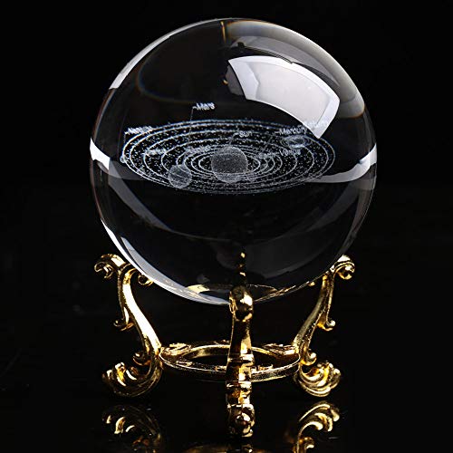 Solar System Galactic System Crystal Ball Dia 6 cm with a Switch Holding Base, 3D Laser Engraved Sun System Galactic System Cosmic Model Crystal Balls with Names of Celestial Bodies 1 Pcs(Gold base)