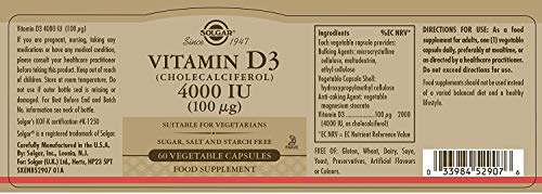 Solgar Vitamina D3 4000 UI (100 μg), Huesos y Sistema Inmune, 60 Cápsulas vegetales