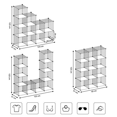 SONGMICS Armario Modular de Malla de Hierro, Estantería de Almacenaje con 12 Cubos, Organizador Modulable y Ajustable, Multiuso, para Libros, Ropa y Zapatos, en Baño, 93 x 31 x 123 cm, Blanco LPI34W