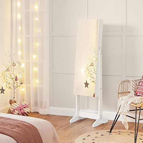 SONGMICS Espejo Joyero, Armario para Joyas de Pie, Armario Joyero con 2 Organizadores de Cosméticos, Espejo sin Marco, con Cerradura y Llaves, para Pedientes, Collares, Blanco, Navidad, JJC002W01