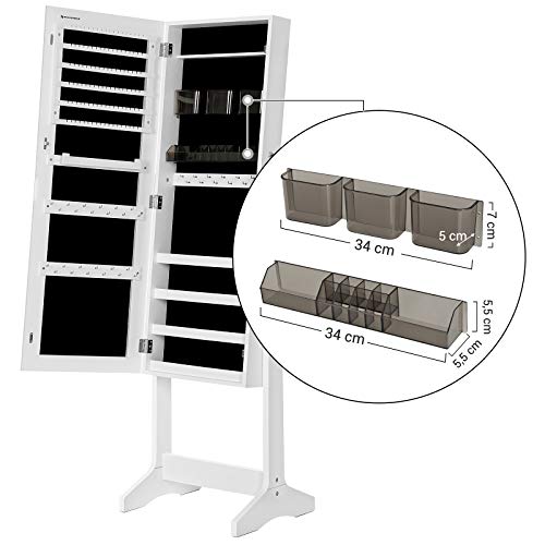 SONGMICS Espejo Joyero, Armario para Joyas de Pie, Armario Joyero con 2 Organizadores de Cosméticos, Espejo sin Marco, con Cerradura y Llaves, para Pedientes, Collares, Blanco, Navidad, JJC002W01