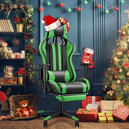 Soontrans Silla Gamer Ergonómica Silla Gaming con Reposapies, Reposacabeza y Cojín Lumbar, Reposabrazos Ajustable, Mecanismo de Inclinación, Carga máxima de 150 kg (Verde)