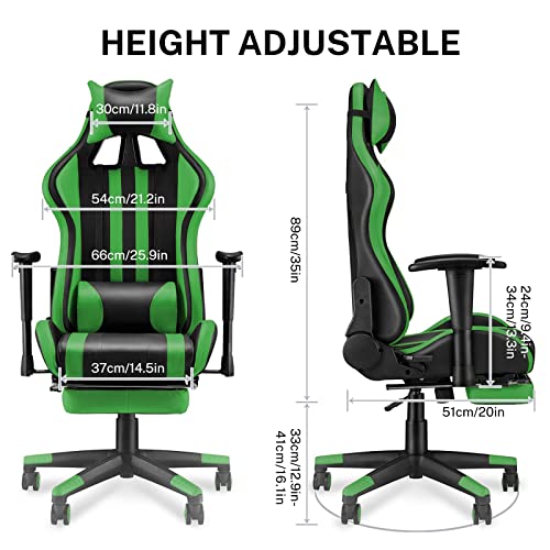 Soontrans Silla Gamer Ergonómica Silla Gaming con Reposapies, Reposacabeza y Cojín Lumbar, Reposabrazos Ajustable, Mecanismo de Inclinación, Carga máxima de 150 kg (Verde)