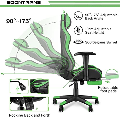 Soontrans Silla Gamer Ergonómica Silla Gaming con Reposapies, Reposacabeza y Cojín Lumbar, Reposabrazos Ajustable, Mecanismo de Inclinación, Carga máxima de 150 kg (Verde)