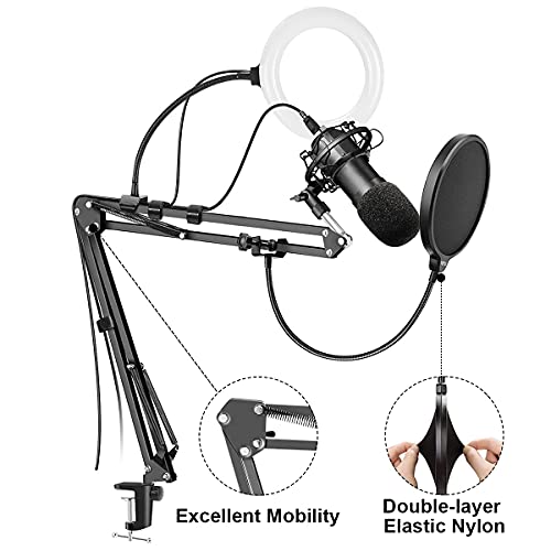 Soporte de Micrófono Ajustable, Renfox Soporte de Micrófono Profesional con Luz de Relleno USB, con Filtro y Adaptador para Programa de Estudio de Grabación, Compatible con Micrófono Yeti azul