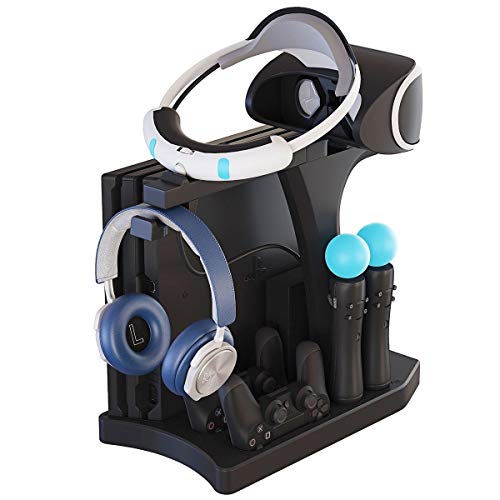 Soporte Vertical para PlayStation - Fisound PSVR Stand, Ventilador de Refrigeración, Estación de carga cargador de controlador DualShock y Move Motion, 4x USB Hub, Mando Charger para PS4, Slim y Pro