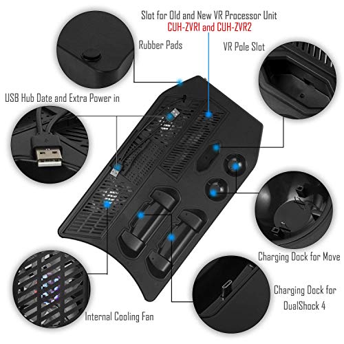 Soporte Vertical para PlayStation - Fisound PSVR Stand, Ventilador de Refrigeración, Estación de carga cargador de controlador DualShock y Move Motion, 4x USB Hub, Mando Charger para PS4, Slim y Pro