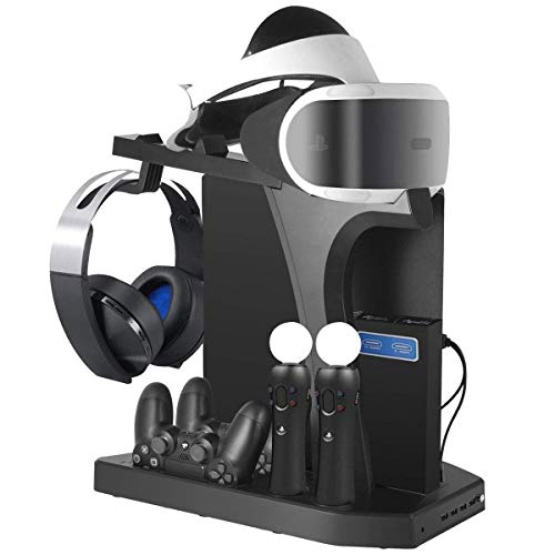 Soporte Vertical para PlayStation - Fisound PSVR Stand, Ventilador de Refrigeración, Estación de carga cargador de controlador DualShock y Move Motion, 4x USB Hub, Mando Charger para PS4, Slim y Pro