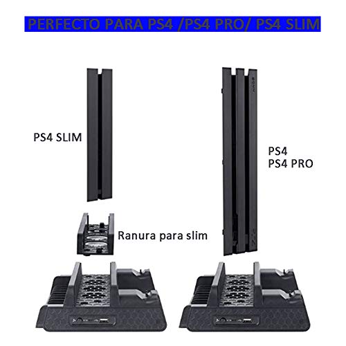 Soporte Vertical para PS4, PS4 Pro, PS4 Slim, Base de Enfriamiento Multifuncional con 3 Ventiladores Refrigeración, 2 Puertos USB, 2 Estación de Carga de Mando Controlador,12 Almacenamiento de Discos