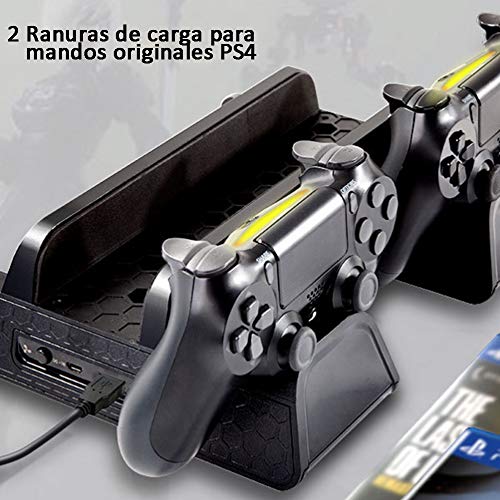 Soporte Vertical para PS4, PS4 Pro, PS4 Slim, Base de Enfriamiento Multifuncional con 3 Ventiladores Refrigeración, 2 Puertos USB, 2 Estación de Carga de Mando Controlador,12 Almacenamiento de Discos