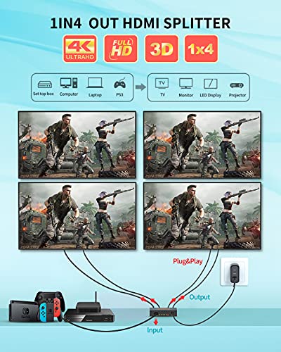 Splitter HDMI 1 in 4 out, distribución HDMI de 4 vías Compatible con 3D 4K 1080P, Splitter HDMI 1X4 para PS3/4/5 X-Box F-ire Stick Reproductor de DVD Proyectores HDTV etc