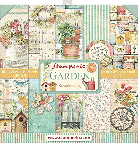 Stamperia Bloc de Scrapbooking 10 Hojas 30.5x30.5 (12"x12") 2 Caras-Garden, Multicolor, 30.5cmX30.5cm