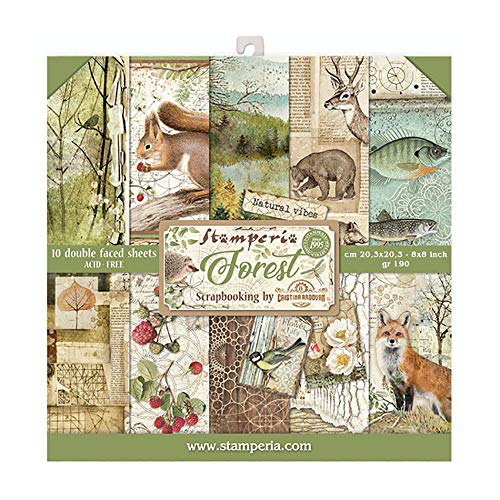 STAMPERIA Forest-Bloc de Papel (10 Hojas, 20,3 x 20,3, Doble Cara), Multicolor, 20.3 x 20.3 (8" x 8")