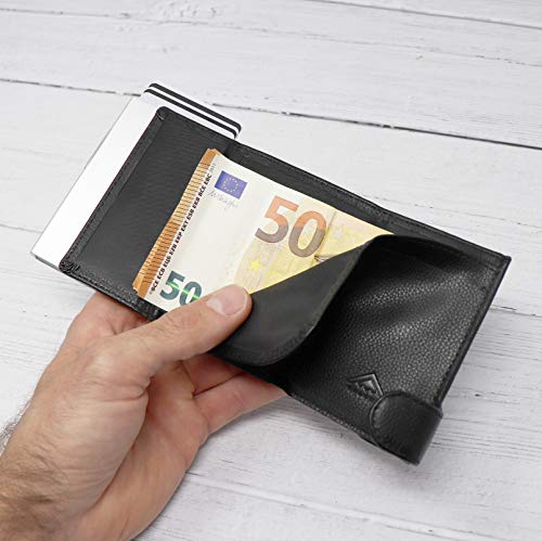 STEALTH WALLET Portatarjetas RFID Minimalista - Carteras de Tarjetas de Crédito de Metal Delgado y Ligero con Bloque NFC (Aluminio Plateado con Cuero Negro y Bolsillo para Monedas)
