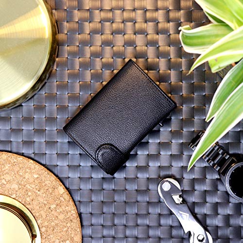 STEALTH WALLET Portatarjetas RFID Minimalista - Carteras de Tarjetas de Crédito de Metal Delgado y Ligero con Bloque NFC (Aluminio Plateado con Cuero Negro y Bolsillo para Monedas)