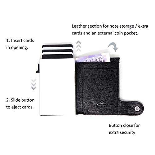 STEALTH WALLET Portatarjetas RFID Minimalista - Carteras de Tarjetas de Crédito de Metal Delgado y Ligero con Bloque NFC (Aluminio Plateado con Cuero Negro y Bolsillo para Monedas)