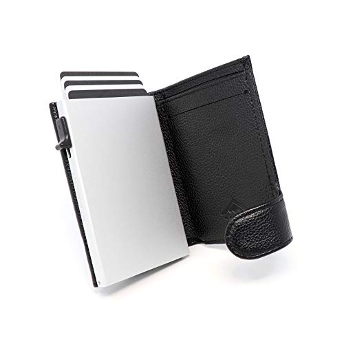 STEALTH WALLET Portatarjetas RFID Minimalista - Carteras de Tarjetas de Crédito de Metal Delgado y Ligero con Bloque NFC (Aluminio Plateado con Cuero Negro y Bolsillo para Monedas)