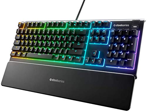 SteelSeries Apex 3 - Teclado RGB para gaming - Iluminación RGB de 10 zonas - Resistencia al agua IP32 - Reposamuñecas magnético superior - Teclado QWERTY Inglesa